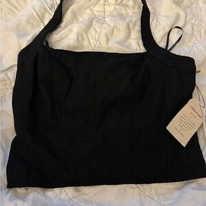 Midnight Sky Black Linen Blend Smocked Halter Top Small NWT